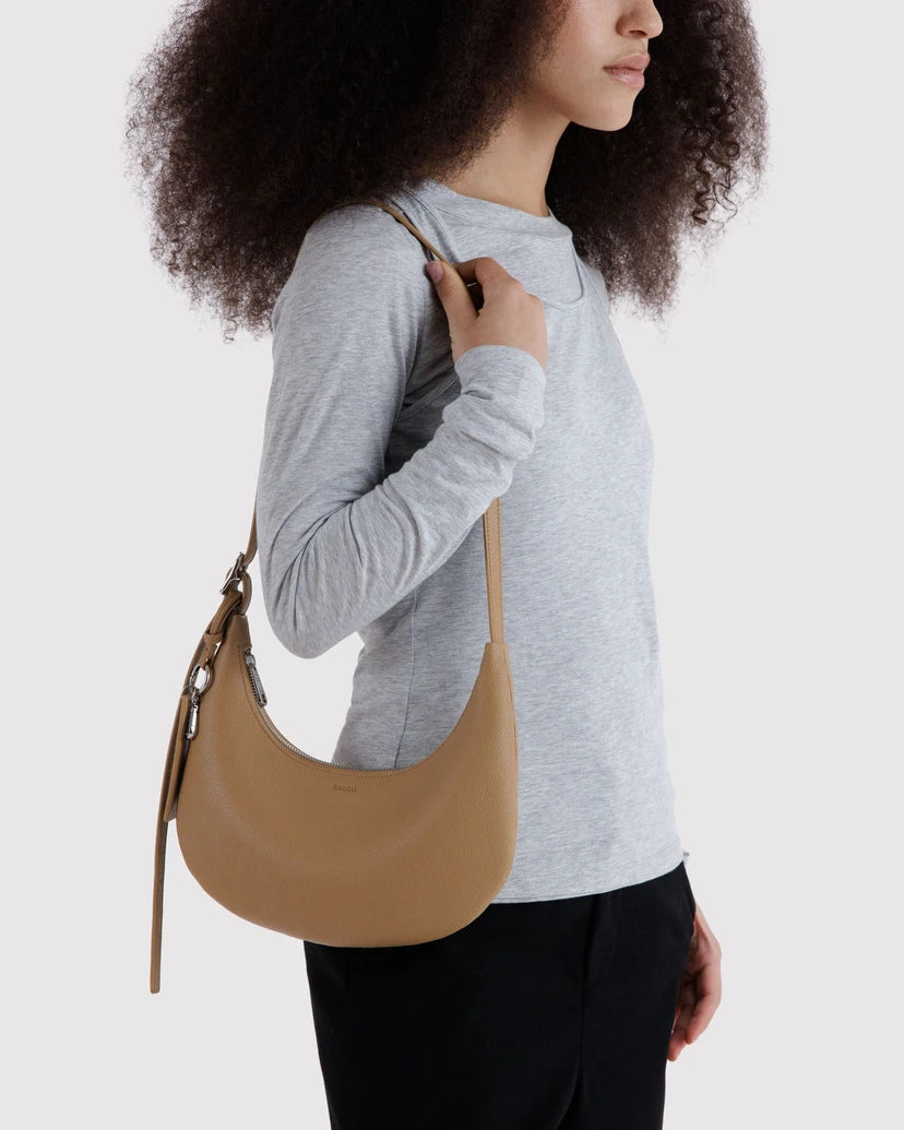 Small Recycled Leather Flat Crescent Bag - Dune