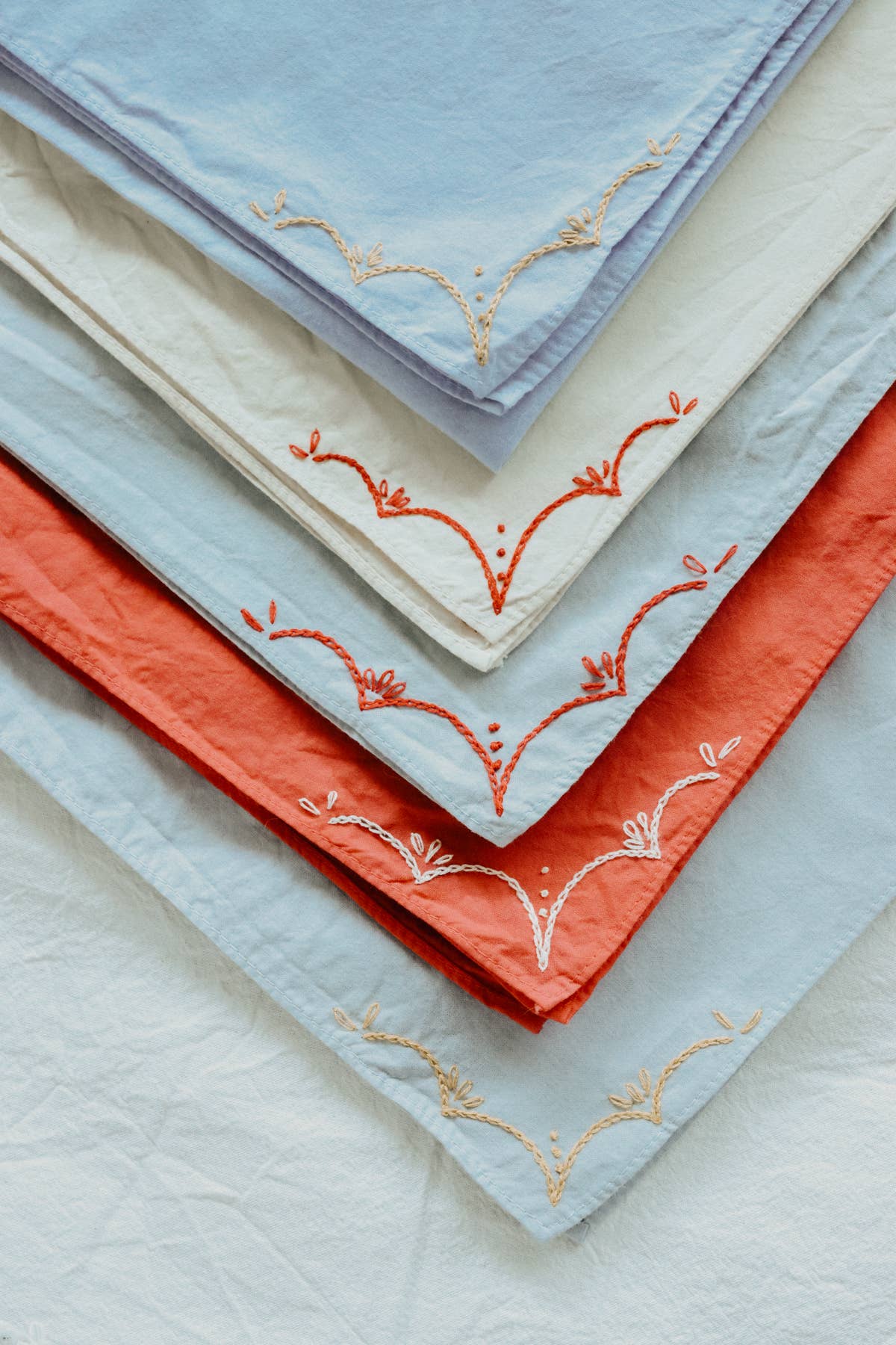 Hand Embroidered Rodeo Cotton Bandana - Sky/ Red
