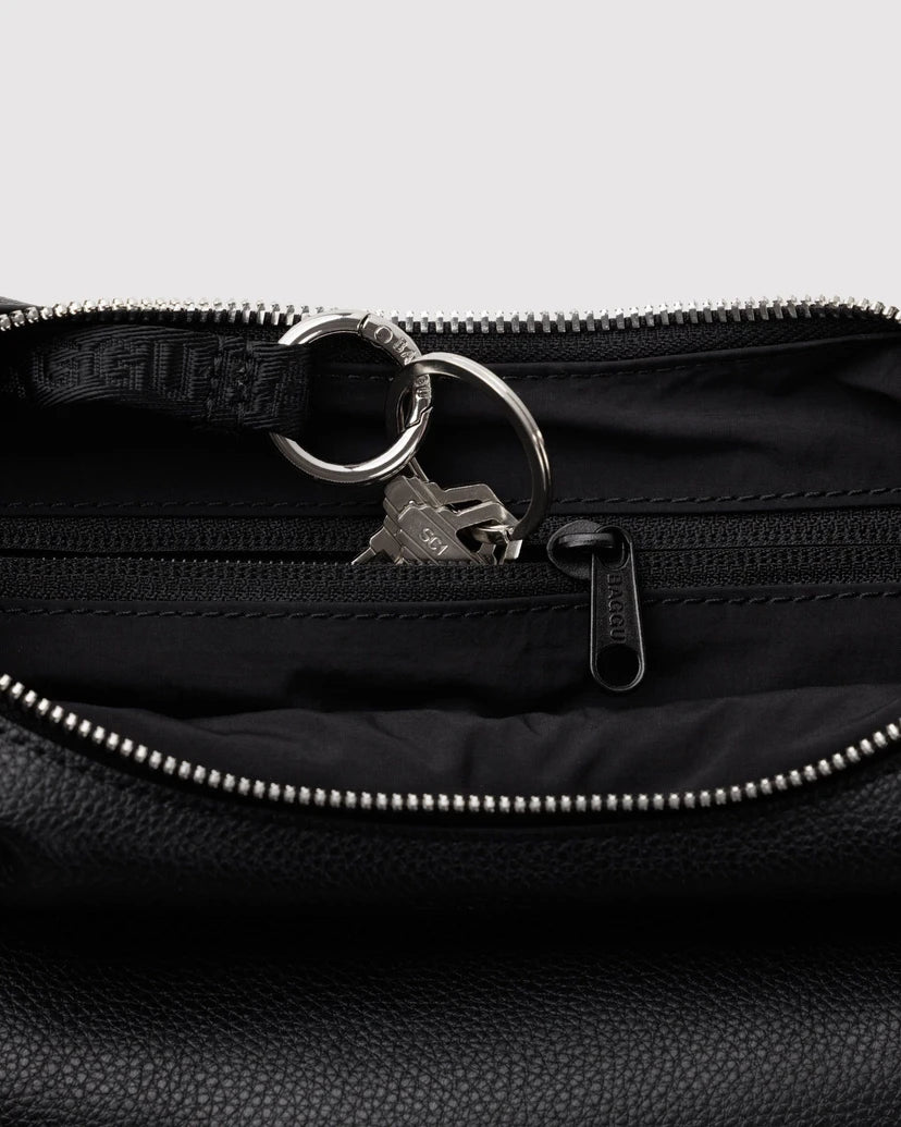 Small Recycled Leather Flat Crescent Bag - Black