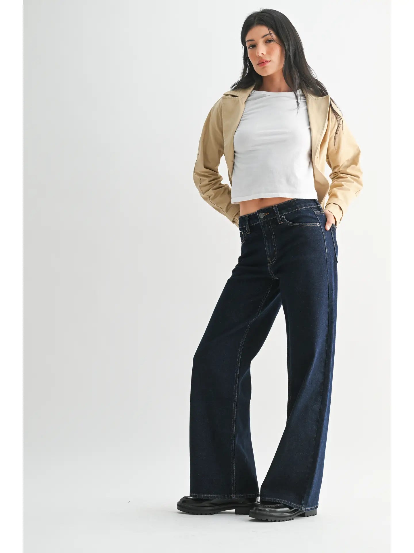 High Rise Full Length Straight Jeans - Super Dark Denim