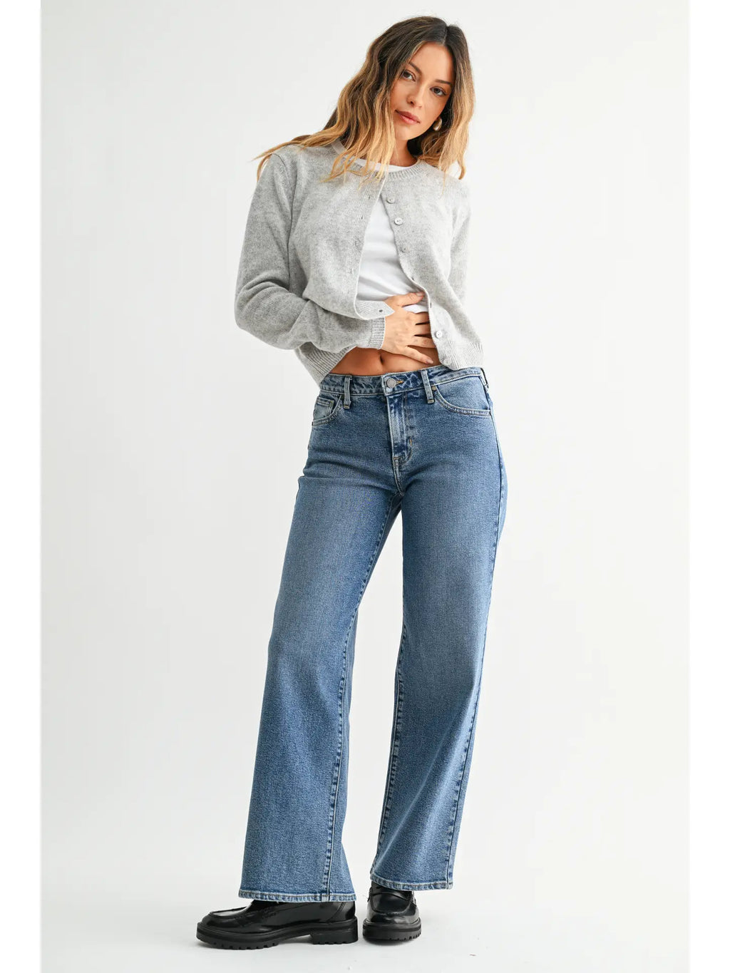 Mid Rise Slim Wide Leg Jeans - Medium Denim
