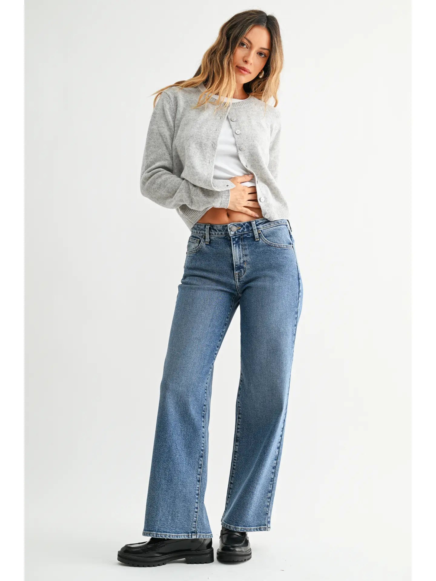 Mid Rise Slim Wide Leg Jeans - Medium Denim